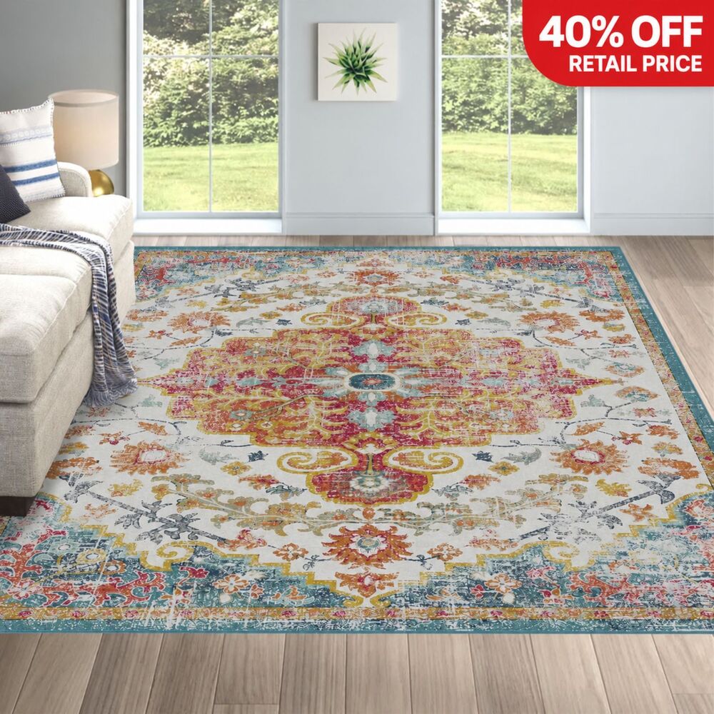 Brand New Loomy Boho Area Rug – 9' × 12', Orange/Beige/Teal